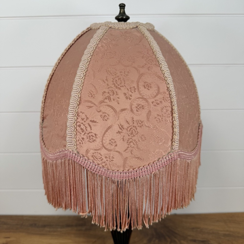 Vtg Victorian Fringed Lamp Shade Only Art Nouveau Brocade Panels Scalloped Edge